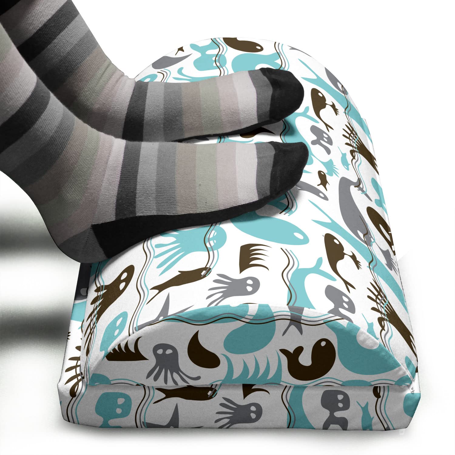 Ambesonne Whales Foot Rest - Ergonomic Memory Foam Leg Support with Non-Slip Backing, Adjustable Height for Office & Home Use | Ocean-Themed Abstract Wave Design with Jellyfish & Fish Patterns in Seafoam & Dark Cocoa Colors | Perfect for Work Desks, Gaming Chairs, and Living Room Relaxation