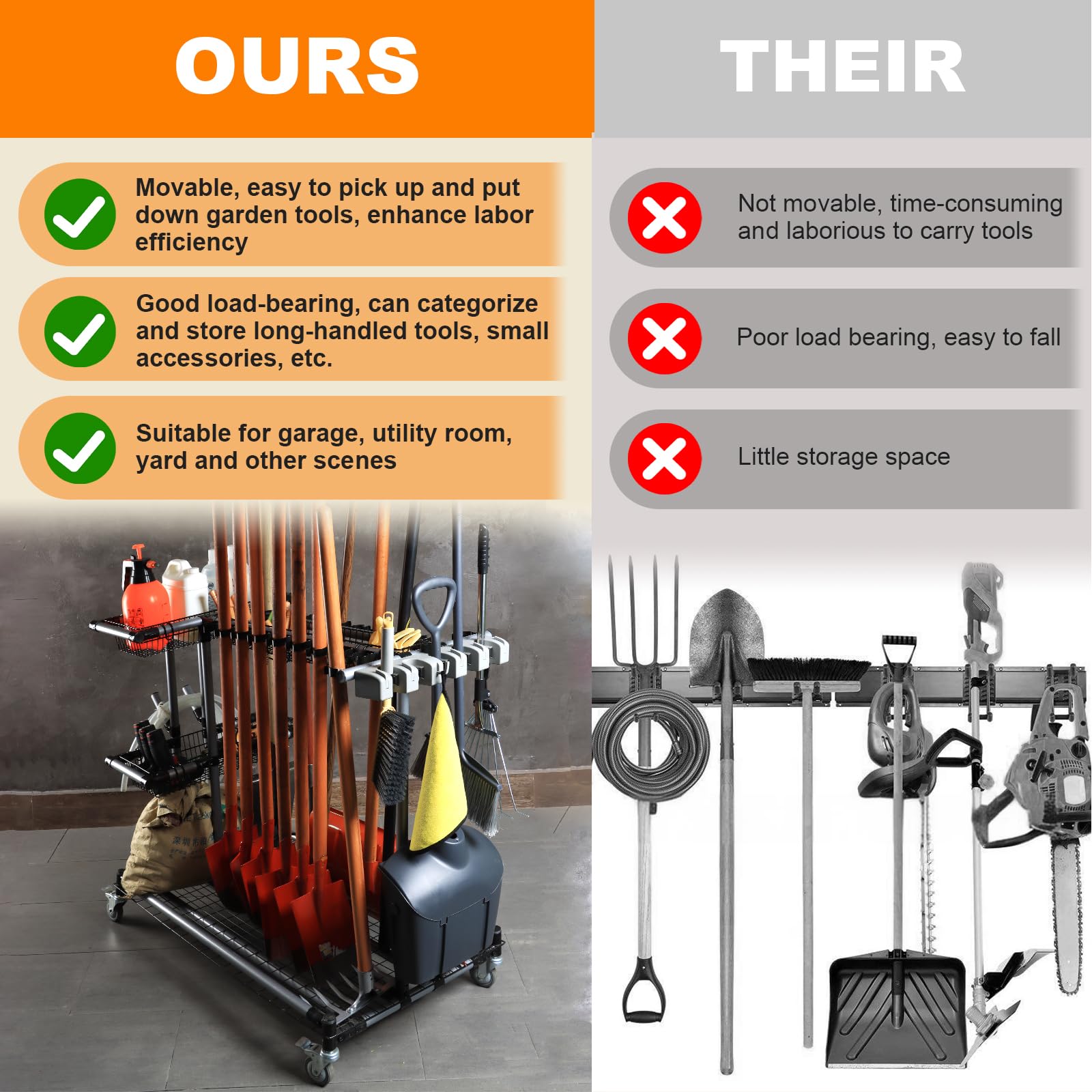 JGLDG Heavy-Duty Yard Tool Storage Rack with 4 Rolling Casters - Organize Garden Tools, Shovels & Rakes Easily - Perfect for Garage, Shed & Outdoor Storage