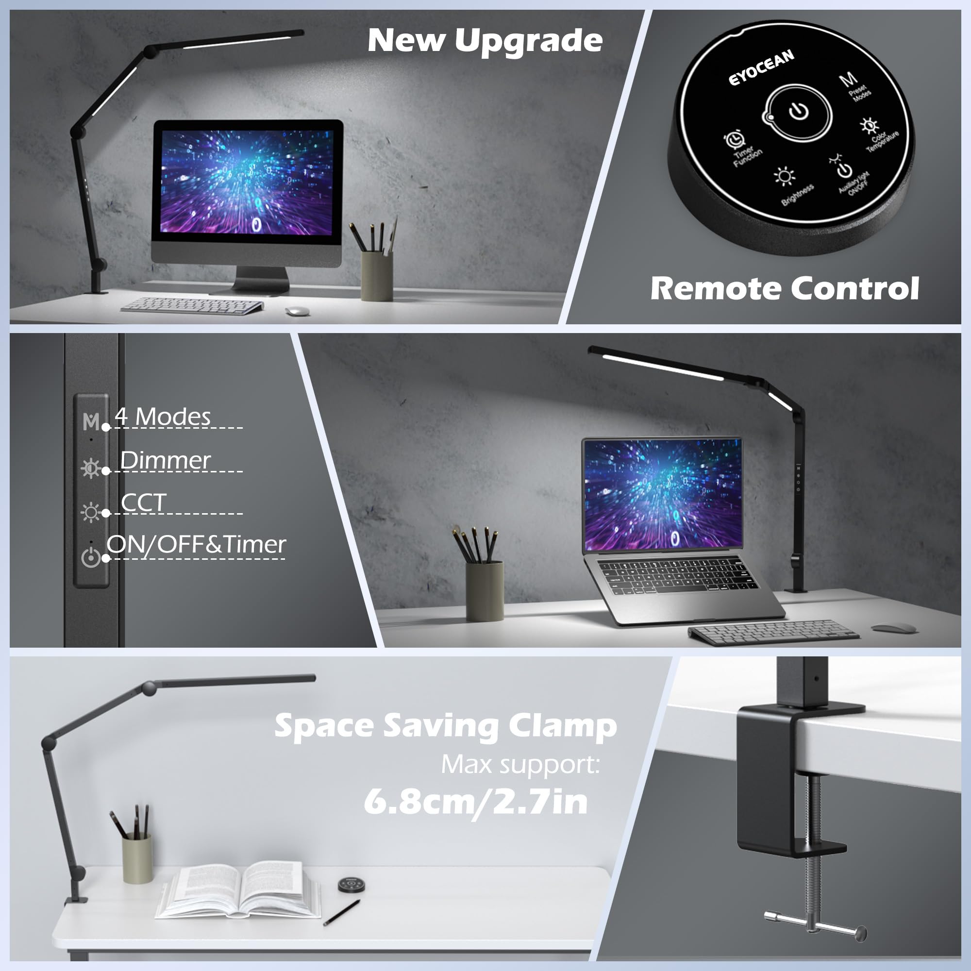 LED Desk Lamp with Clamp - Adjustable Brightness & Color Temperature, Touch Control, Memory & Timer Function, Swing Arm Architect Light for Home Office, Study, Reading, and Workstation Use