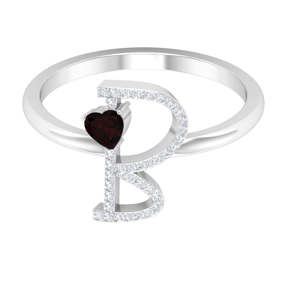 Exquisite 14K White Gold Garnet & Diamond Initial Rings A-Z for Women | Personalized Alphabet Letter Rings | Elegant Gift for Birthday, Anniversary & Valentine's Day