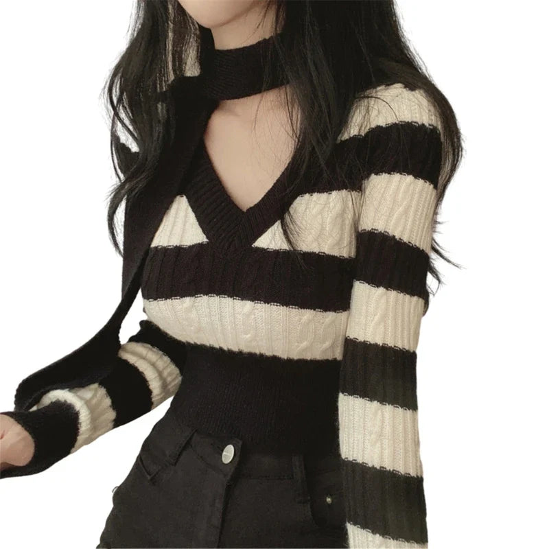 Elegant Scarf Collar & Cable Knit Long Sleeve Striped Skinny Sweater for Women | Winter Fashion Layering, Office Wear & Casual Outfits