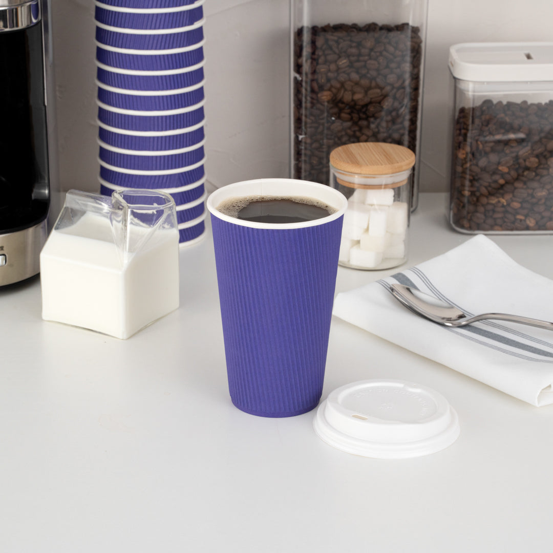 16 oz Royal Purple Ripple Wall Coffee Cups with White Lids - 20 Count Bulk Pack (3.5