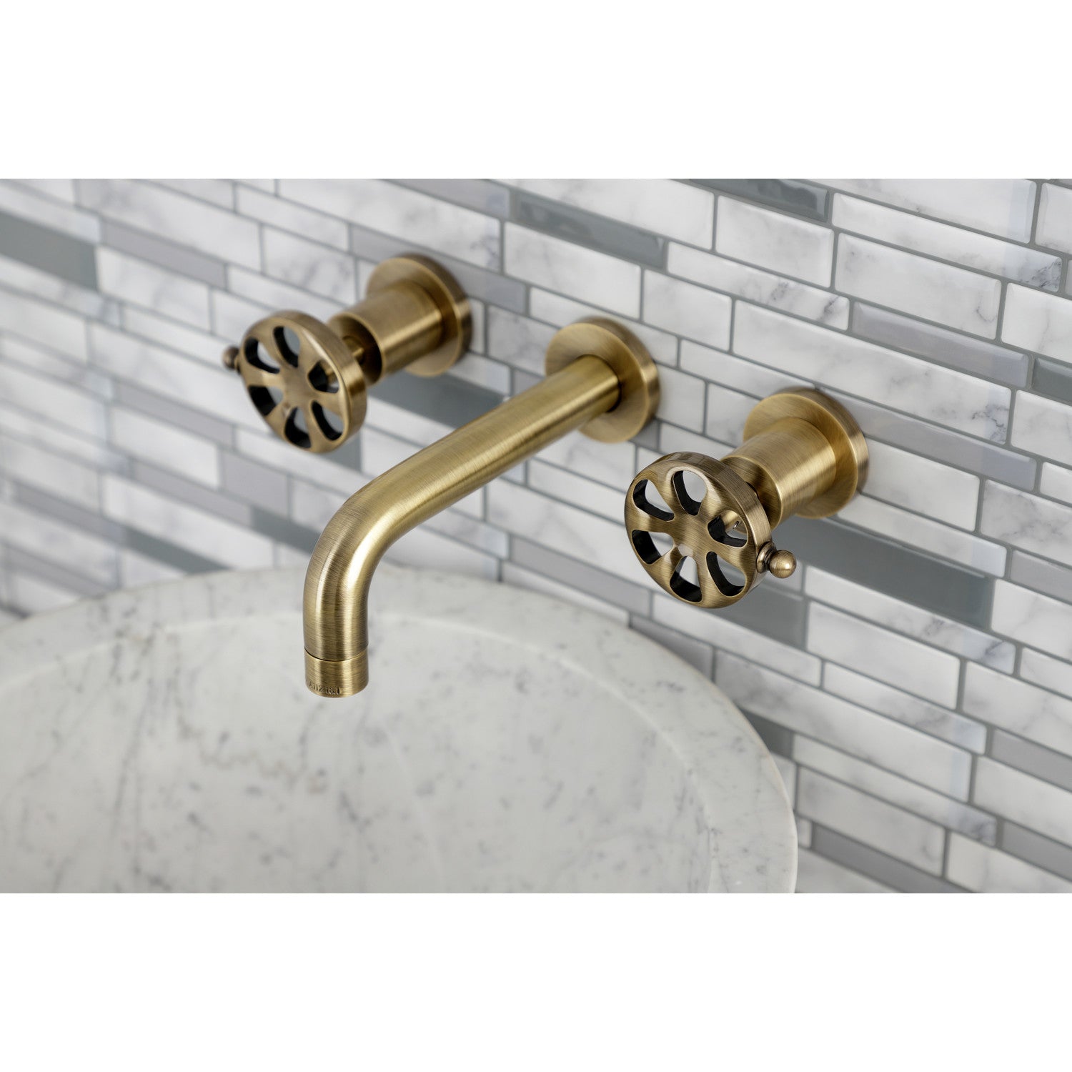 Belknap KS8123RX 3-Hole Wall Mount Bathroom Faucet with Double Handles in Antique Brass - Perfect for Vintage Style Bathroom Renovations and Spa-Like Showers