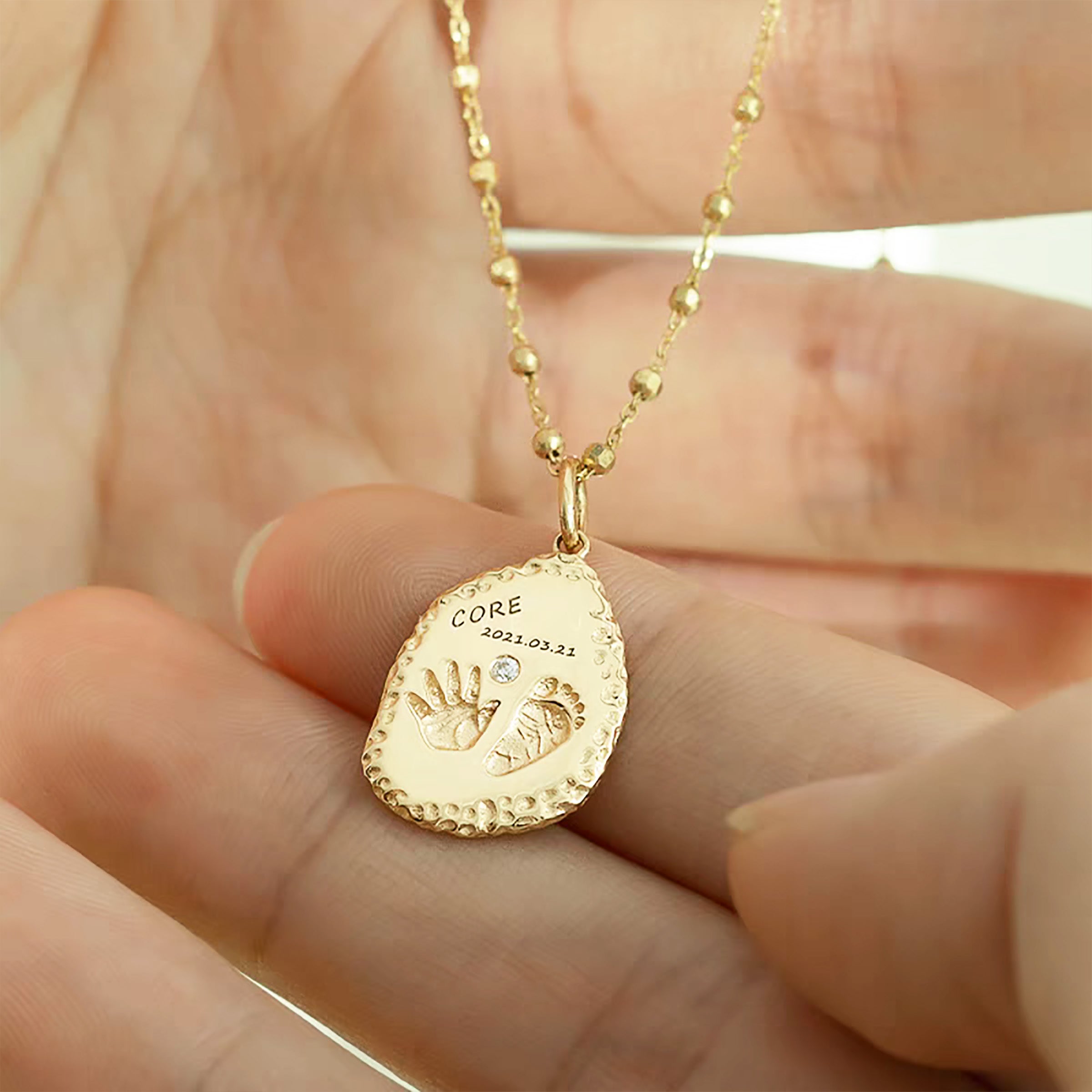 Solid Gold Footprint Necklace - Personalized Custom Jewelry for Women - Unique Hand & Footprint Pendant - Perfect Gift for Mom, Grandma & Newborn Baby - Ideal for Mother's Day, Baby Shower & Birthday Gifts