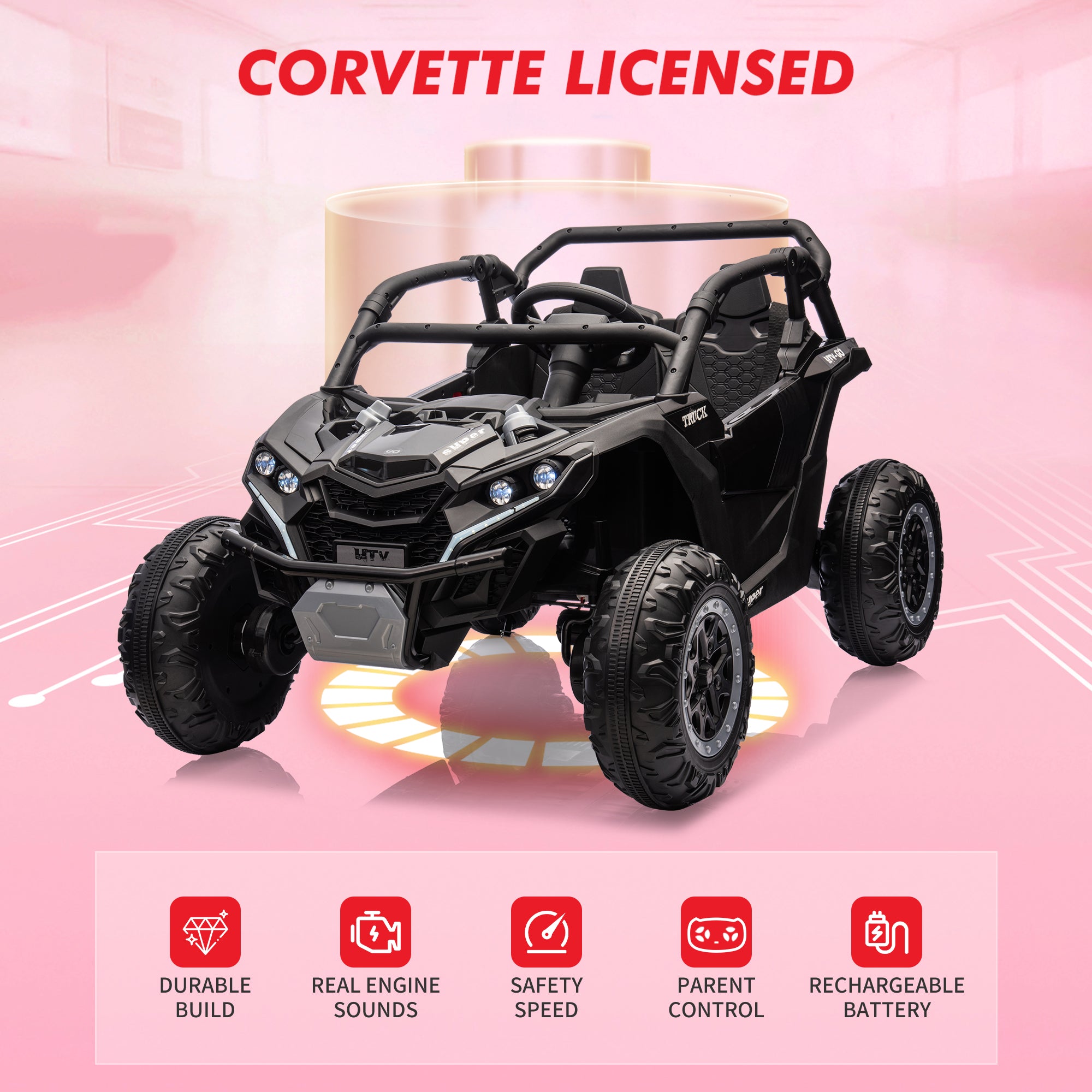 GARVEE 24V Kids Ride On UTV - 2 Seater 4WD Electric Truck with Remote Control, High/Low Speed Adjustment, LED Lights & Shock Absorption | Perfect for Outdoor Play, Backyard Adventures & Birthday Gifts (Black)