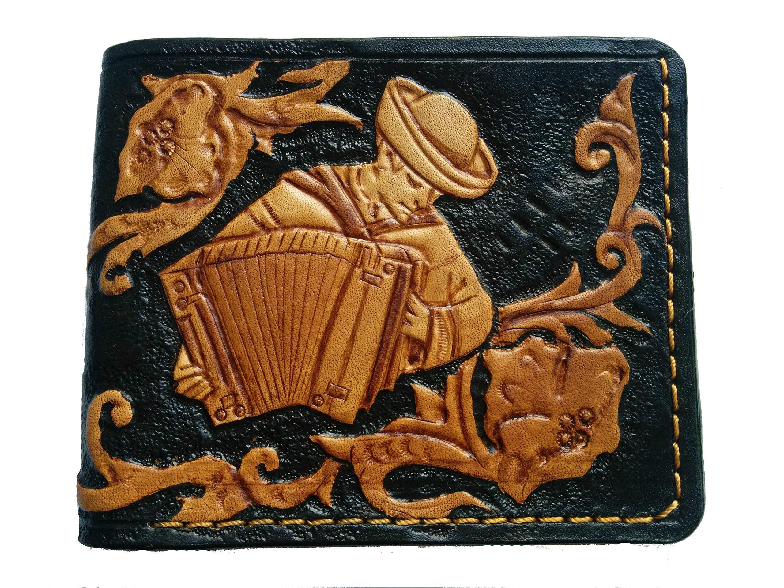 Sheridan Style Floral Accordion Music Inspired RFID Men's Bifold Wallet - Genuine Leather Biker Wallet with Embossed Airbrush Art - Handmade Custom Personalized Leather Purse for Travel, Gifts & Everyday Use