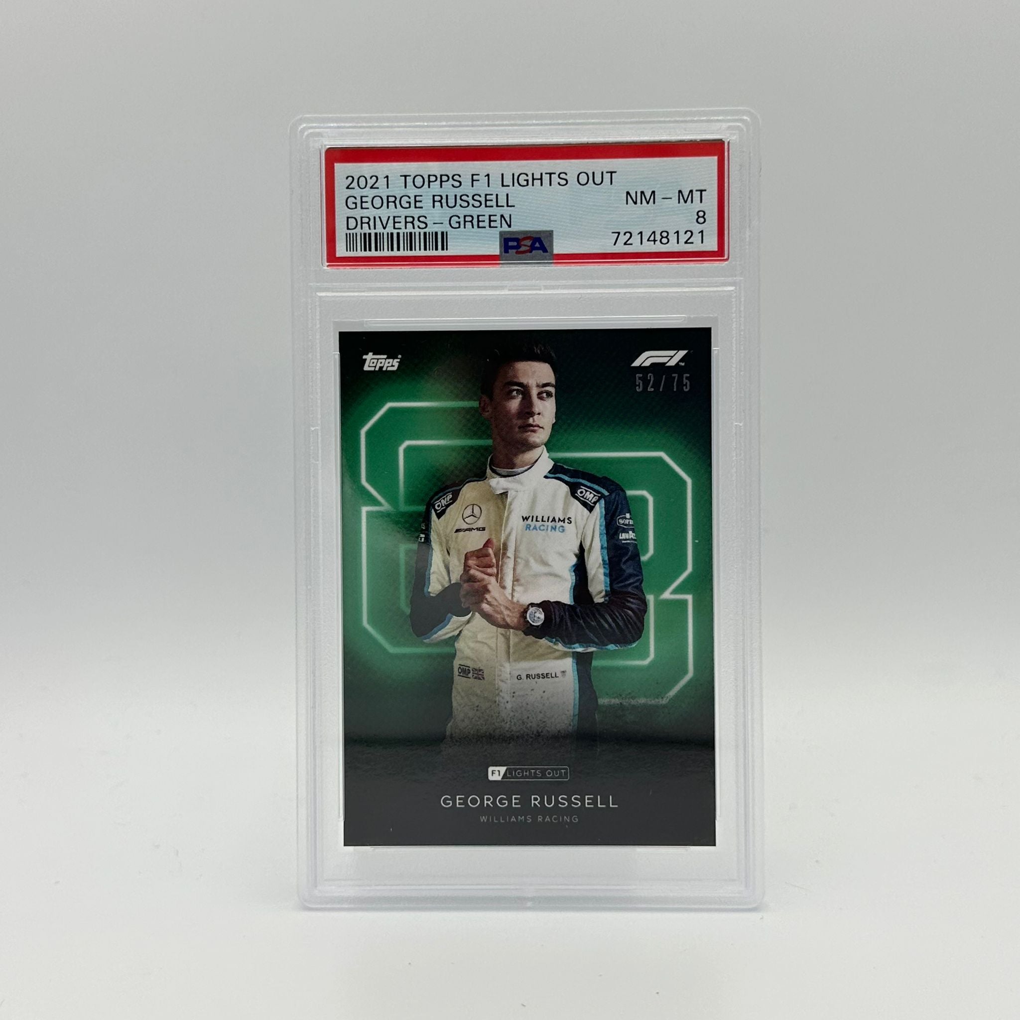 PSA 8 Graded 52/75 George Russell Green Parallel Racing Card - Perfect for F1 Collectors, Sports Memorabilia Enthusiasts, and Display in Man Caves or Sports Themed Rooms