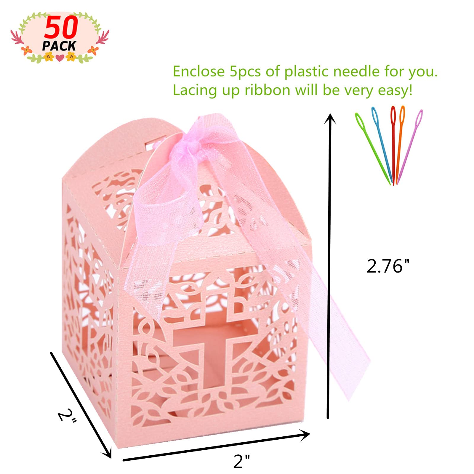 VIVIQUEN Laser Cut Cross Favor Boxes - 50 Ribbons Included for Baby Shower, Christening, Wedding Party Decorations (Baby Pink) | Elegant Baptism Favors & Bomboniere Gift Boxes for Religious Celebrations