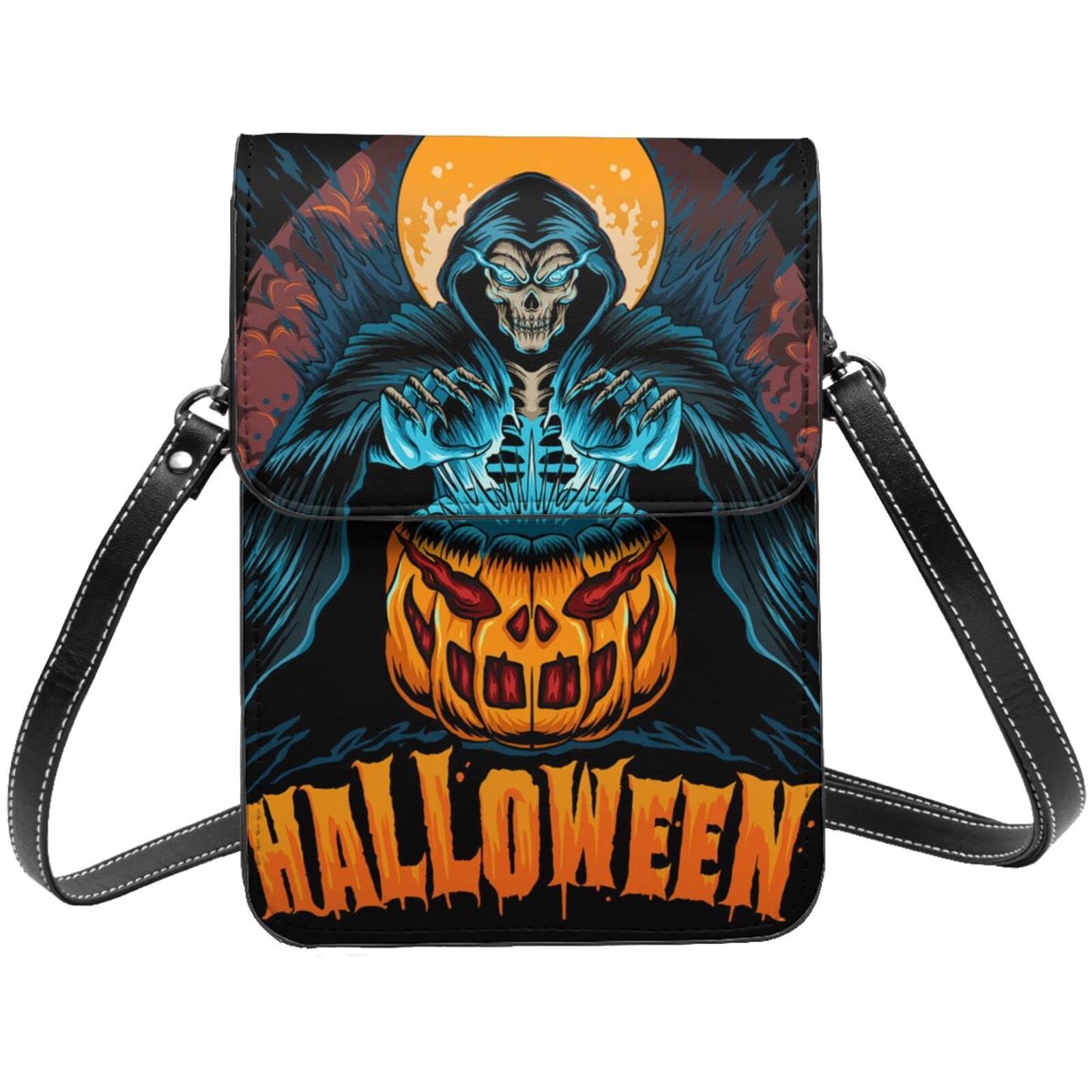 Grim Reaper Halloween Horror Phone Purse - Women's Crossbody Mini Leather Cell Phone Bag with Adjustable Strap - Perfect for Halloween Parties, Cosplay & Horror Theme Events