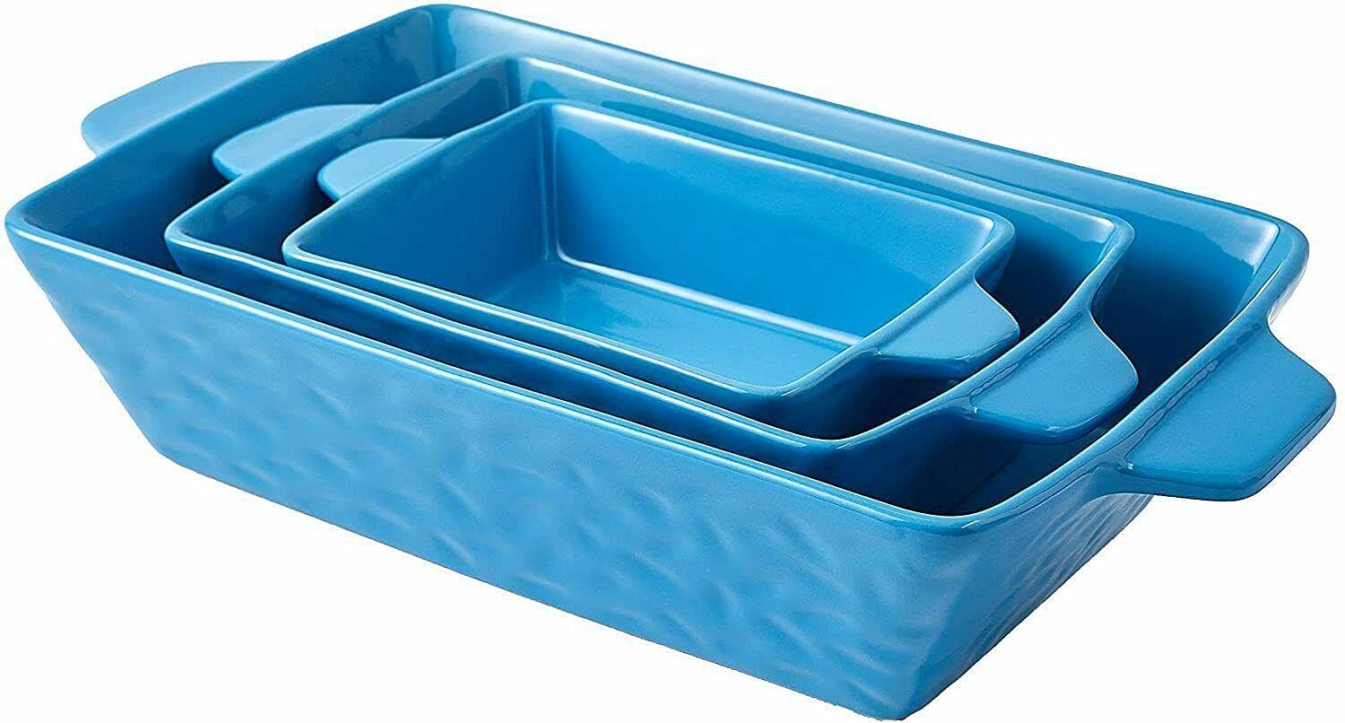 CarteRE Set of 3 Rectangular Ceramic Bakeware Pans - Blue Glazed Oven Safe Baking Dishes for Cooking, Roasting & Serving | Perfect Gift for Men, Women, Dad & Christmas | Ideal for Holiday Baking, Dinner Parties & Family Gatherings