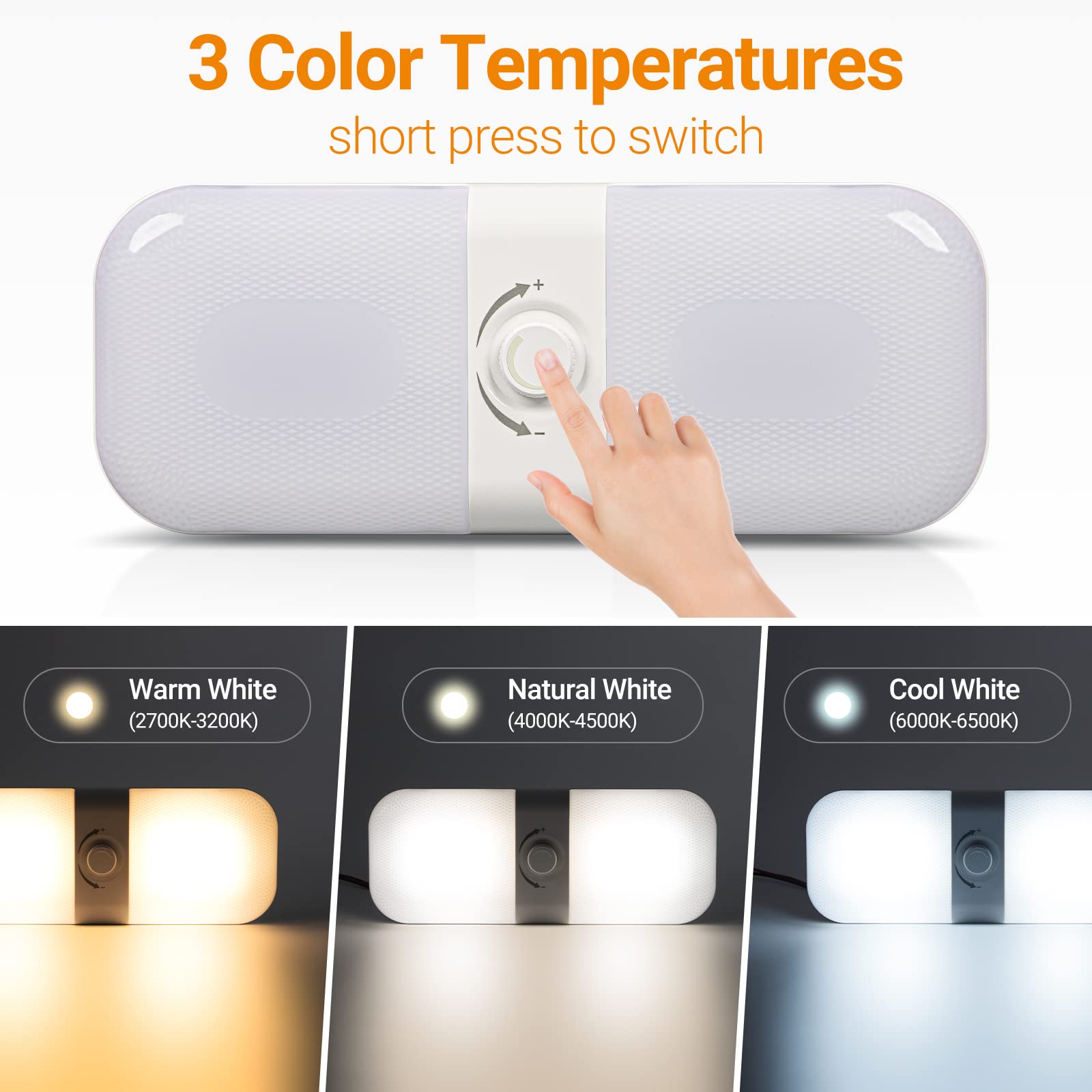 CT CAPETRONIX RV Interior LED Lights 1700LM - 3 Color Temperature (Warm/Cool/Natural White), Dimmable 12V Ceiling Dome Light with Switch - Perfect for Campers, Cars, Trailers & Boats (2-Pack) - Ideal for Night Driving, Cozy Cabin Lighting & Marine Use