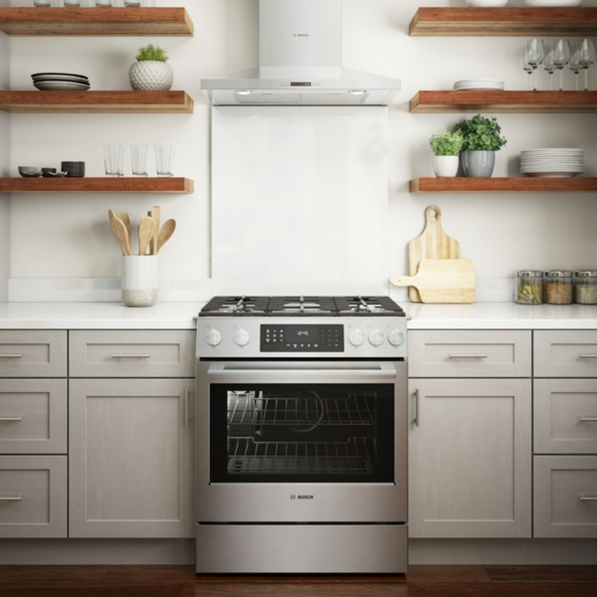 Bosch HGIP056UC 30 Inch Slide-In Gas Range - Stainless Steel, 5 Burners, Convection Oven - Perfect for Modern Kitchens & Home Cooking