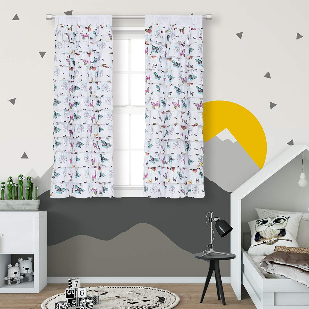 White Ruffle Curtains Set of 2 with Butterfly Pattern - 63 Inch Farmhouse Textured Window Panels for Bedroom, Nursery, Kids Room & Teen Room | Perfect for Girls Bedroom Decor, Bohemian Style Living Room & Gypsy Themed Windows