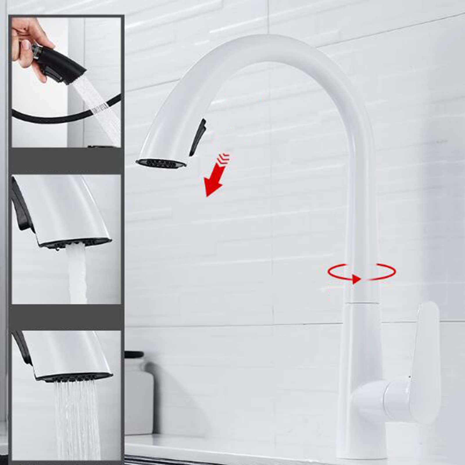 High-Quality White Kitchen Faucet with Pull-Out Spray - Brass Swivel Telescoping Kitchen Mixer Tap for Modern Home & Restaurant Use