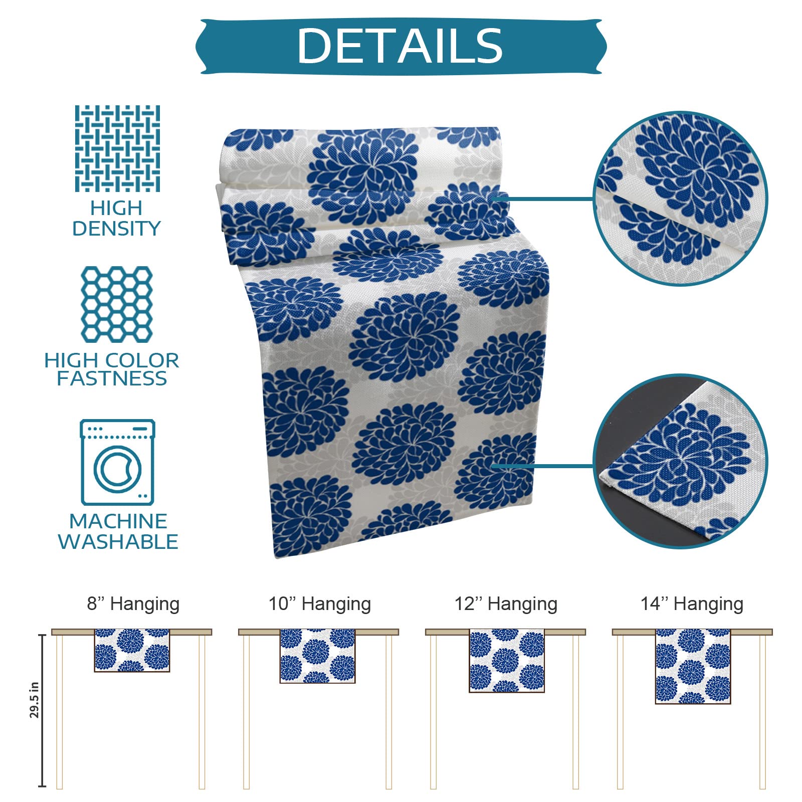 Blue Floral Burlap Table Runner 36 Inch - Farmhouse Linen Table Scarf for Kitchen, Dining, Coffee Table, Wedding & Banquet Decor - Hydrangea Pattern Gray Home Decoration