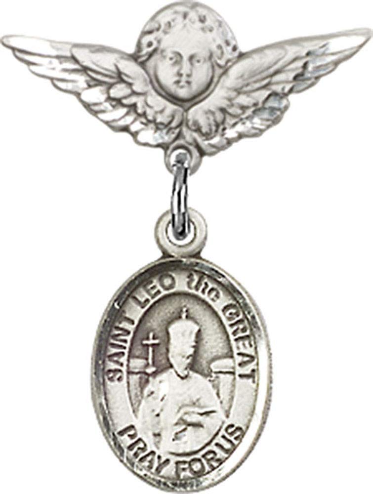 Sterling Silver Baby Badge with St. Leo the Great Charm and Angel Wings Pin - Handmade in USA | Religious Jewelry for Christening, Baptism & First Communion Gifts