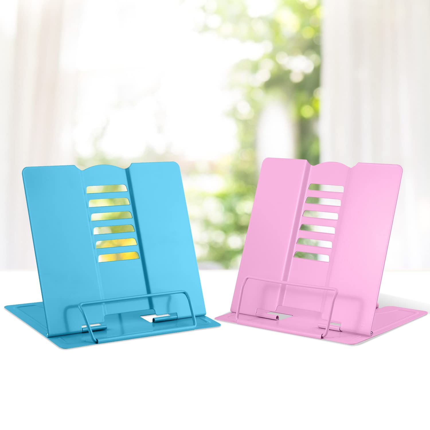 MSDADA 2-Pack Adjustable Metal Book Stand Holder - Heavy Duty Cookbook & Textbook Stand for Reading, Recipes, Music Books & Tablets (Sky Blue & Pink) - Perfect for Kitchen, Office & Study Desk Organization