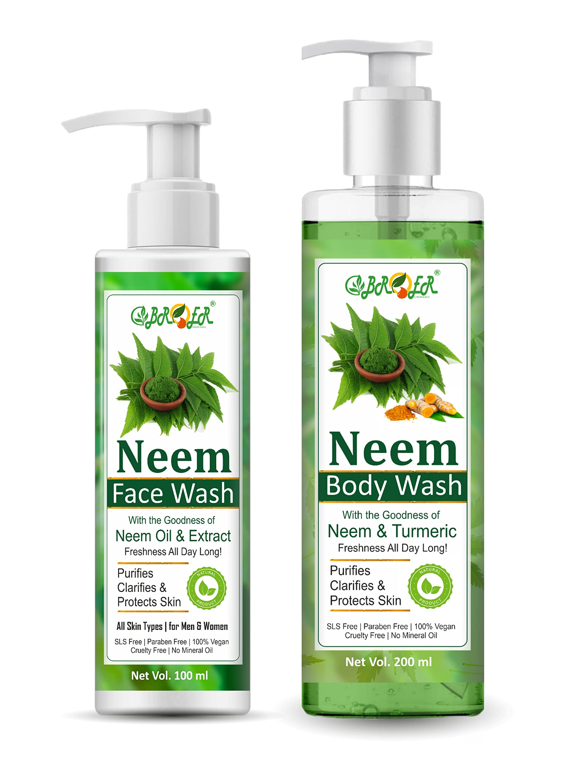 BROER Neem Face Wash 100ml & Neem Body Wash 200ml - Natural Neem & Turmeric Formula for All Skin Types | Sulfate-Free, Paraben-Free | Acne Treatment & Daily Skincare Routine