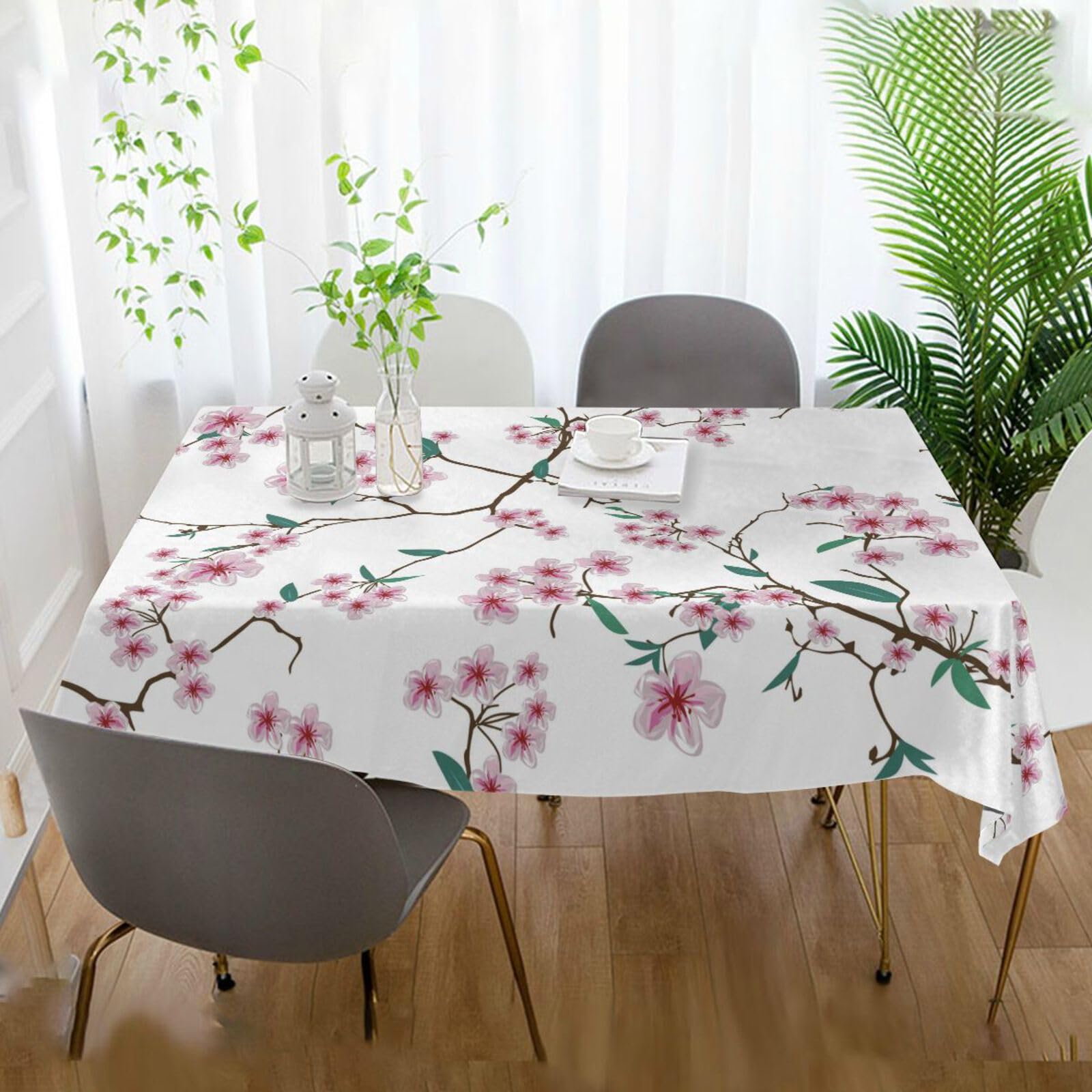 Elegant Pink and Green Cherry Blossom Square Tablecloth - 54 Inch Polyester Table Cover for Dinner Party, Wedding, Spring Decor & Home Dining Decorations