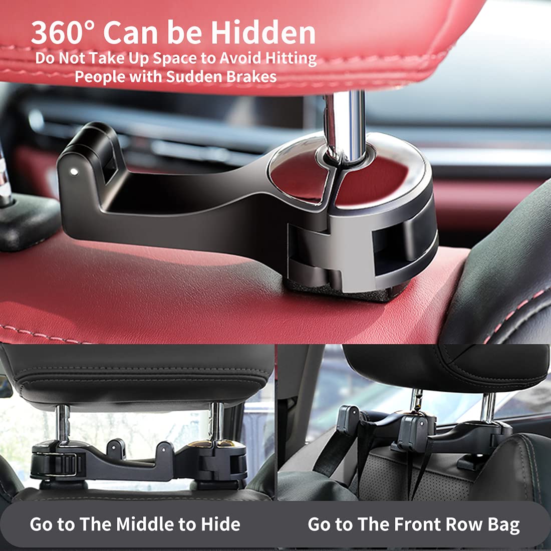 2 Pack Car Seat Hooks - 360° Rotating & Hidden Headrest Hooks for Phone, Purse, Grocery Bags & Clothes - Perfect for Road Trips, Shopping & Daily Commute