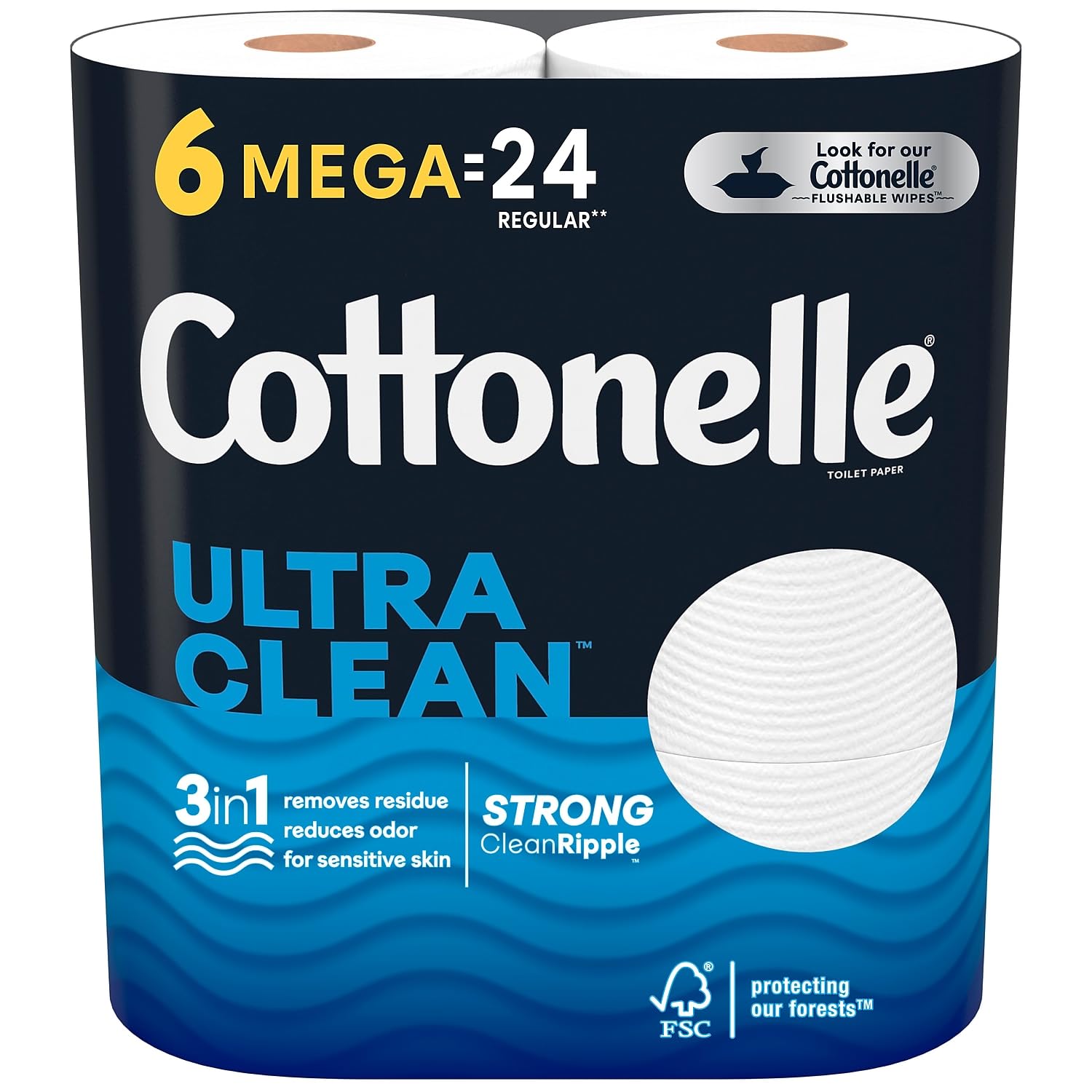 Cottonelle Ultra CleanCare Toilet Paper - 6 Mega Rolls (24 Regular Rolls) | Strong & Soft Bath Tissue for Home & Office Use | Gentle on Skin | Septic Safe