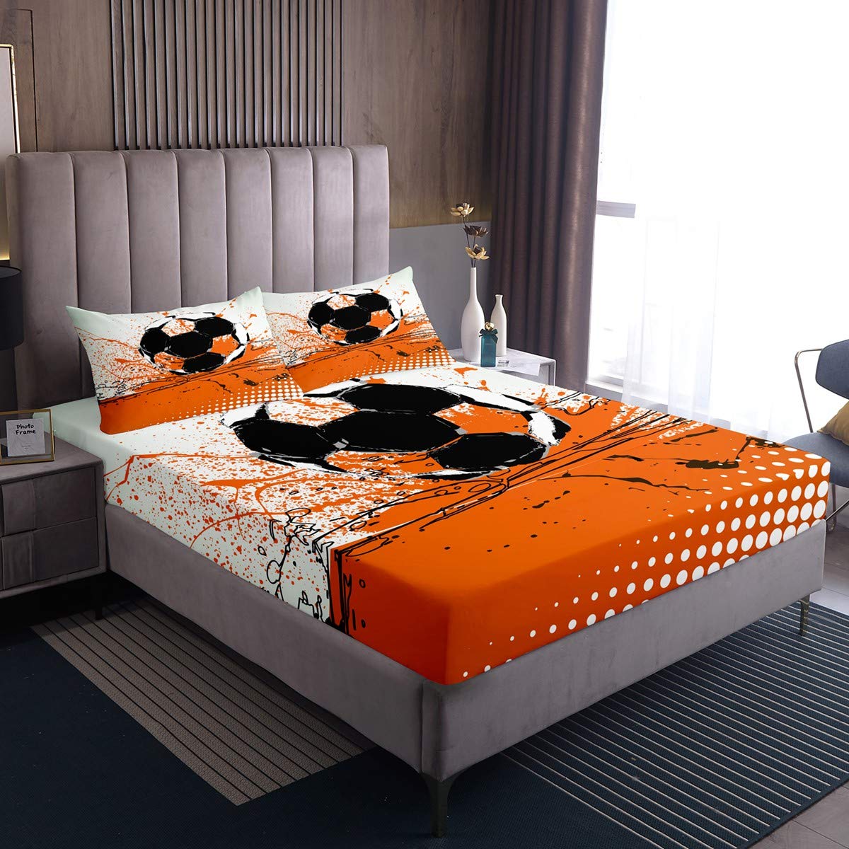 Orange Soccer Bed Sheet Set Queen Size - Sport Themed Oil Painting Design for Boys, Girls, Teens & Kids Room Decor - Bohemian Gypsy Style 3-Piece Set (1 Fitted Sheet + 2 Pillowcases) - Perfect for Sports Lovers' Bedroom, Dorm Room & Gift Ideas