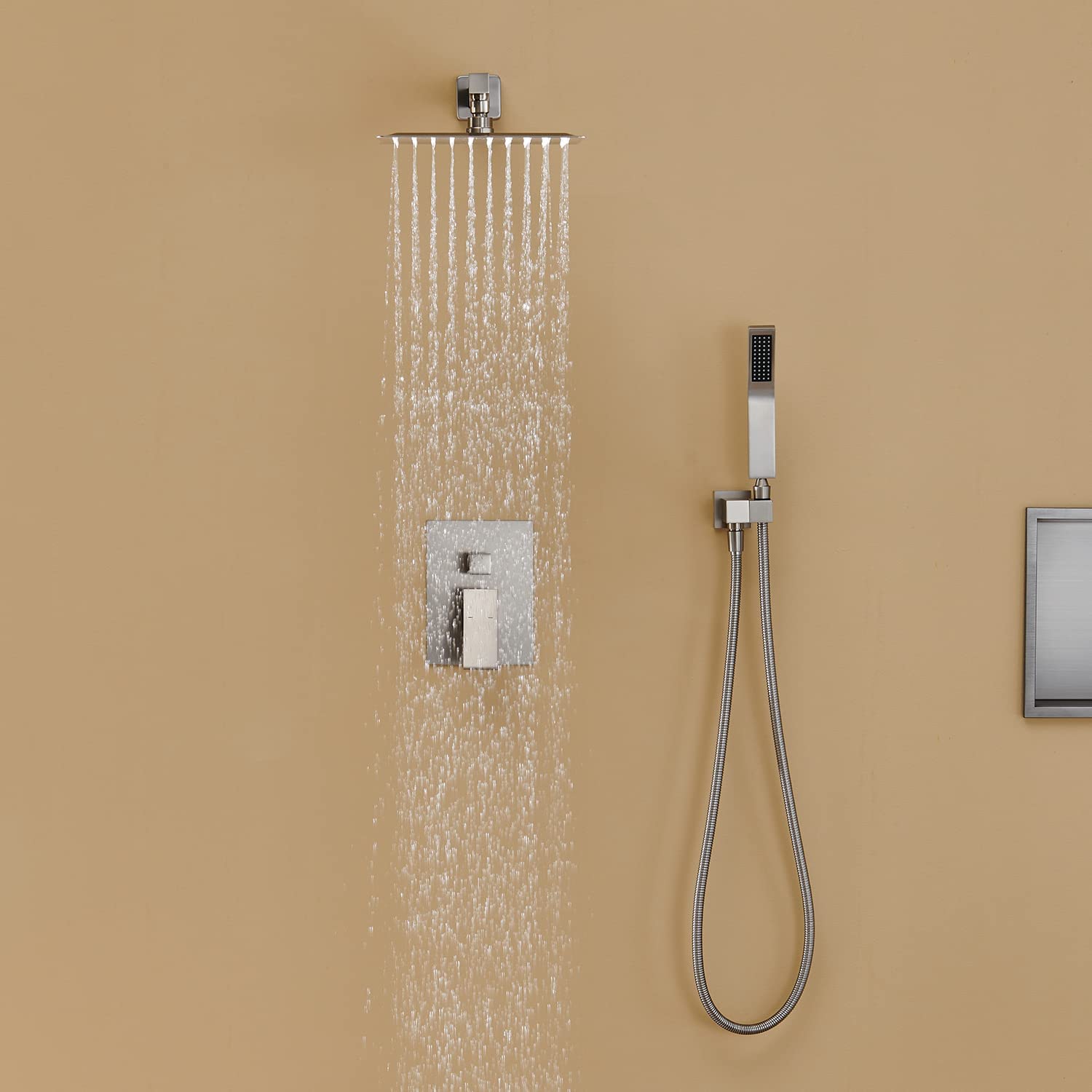 10 Inch Brushed Nickel Rain Shower System Combo - Wall Mount Bathroom Faucet with Rainfall Shower Head & Handheld Shower - Perfect for Luxury Spa-Like Bathroom Experience