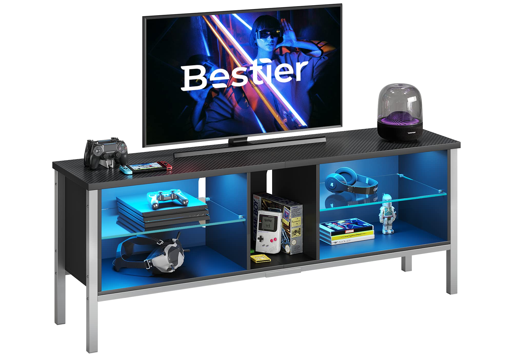 Bestier 70 Inch TV Stand with LED Lights - Modern Black Carbon Fiber TV Media Console with Glass Shelves for Gaming & Entertainment - Perfect for Living Room, Home Theater & Gaming Setup