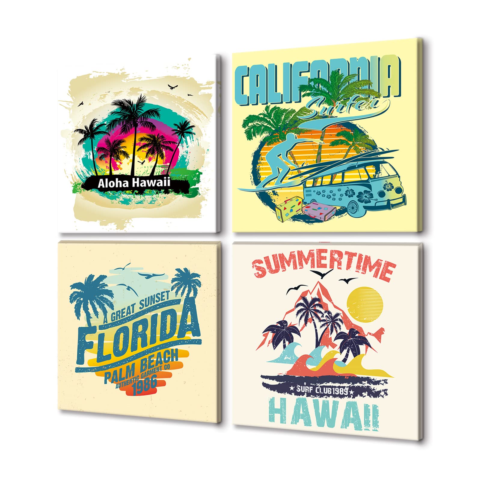 Vintage Travel Posters - Retro Hawaii, Miami, Florida & California Wall Art Decor - Famous City Posters for Tropical & Surfing Theme - Perfect for Bedroom, Living Room & Office Wall Decor - Home & Beach House Aesthetic