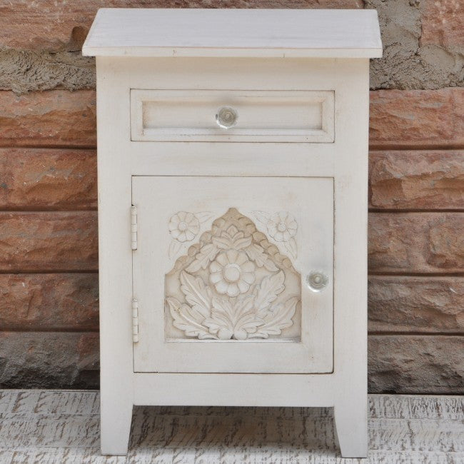 Hand Carved Solid Wood French Style White Nightstand - Elegant Bedside Table for Bedroom Decor & Storage