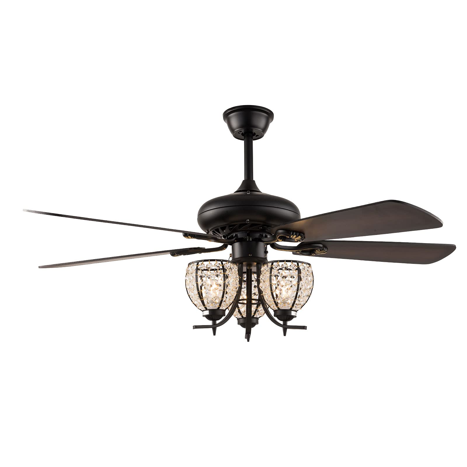 52 Inch Vintage Industrial Farmhouse Ceiling Fan with Lights - Retro Crystal Lamp Shade, 3 Bulb Lighting, 110V (Bulb Not Included) - Perfect for Living Room, Kitchen, Bedroom, and Dining Room