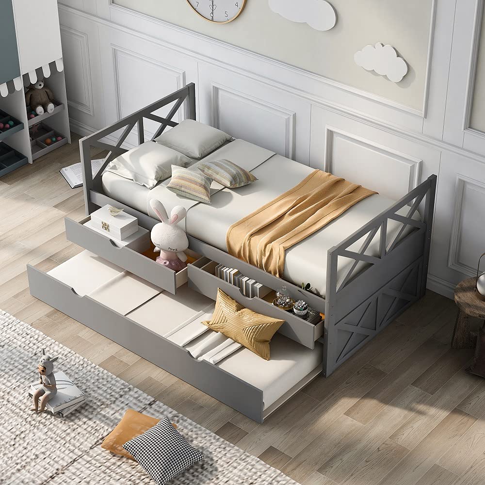 Twin Size Wood Daybed with Storage Drawers & Trundle - Multi-Functional Captains Bed Frame for Kids & Teens - No Box Spring Needed - Gray - Perfect for Guest Rooms, Dormitories & Small Spaces