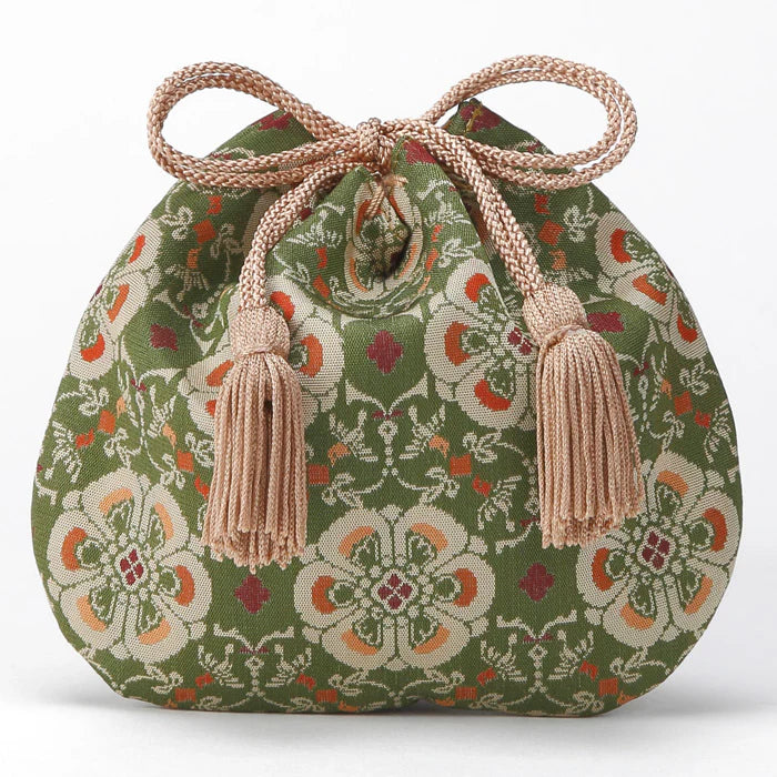 Nishijin Ori Small Drawstring Bag - Exquisite Flower & Bird Design in Green | Authentic Japanese Traditional Craft Purse from Kyoto | Perfect for Gift, Cosmetics & Jewelry Storage