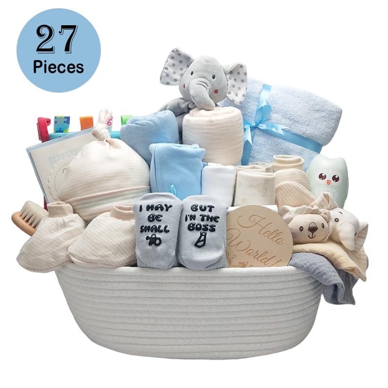27-Piece Baby Shower Gift Set for Boys - Newborn Essentials Kit with Rattle, Swaddle & Diaper Caddy Organizer - Blue Baby Boy Gift Basket - Perfect for Gender Reveal, Baby Registry & Nursery Organization