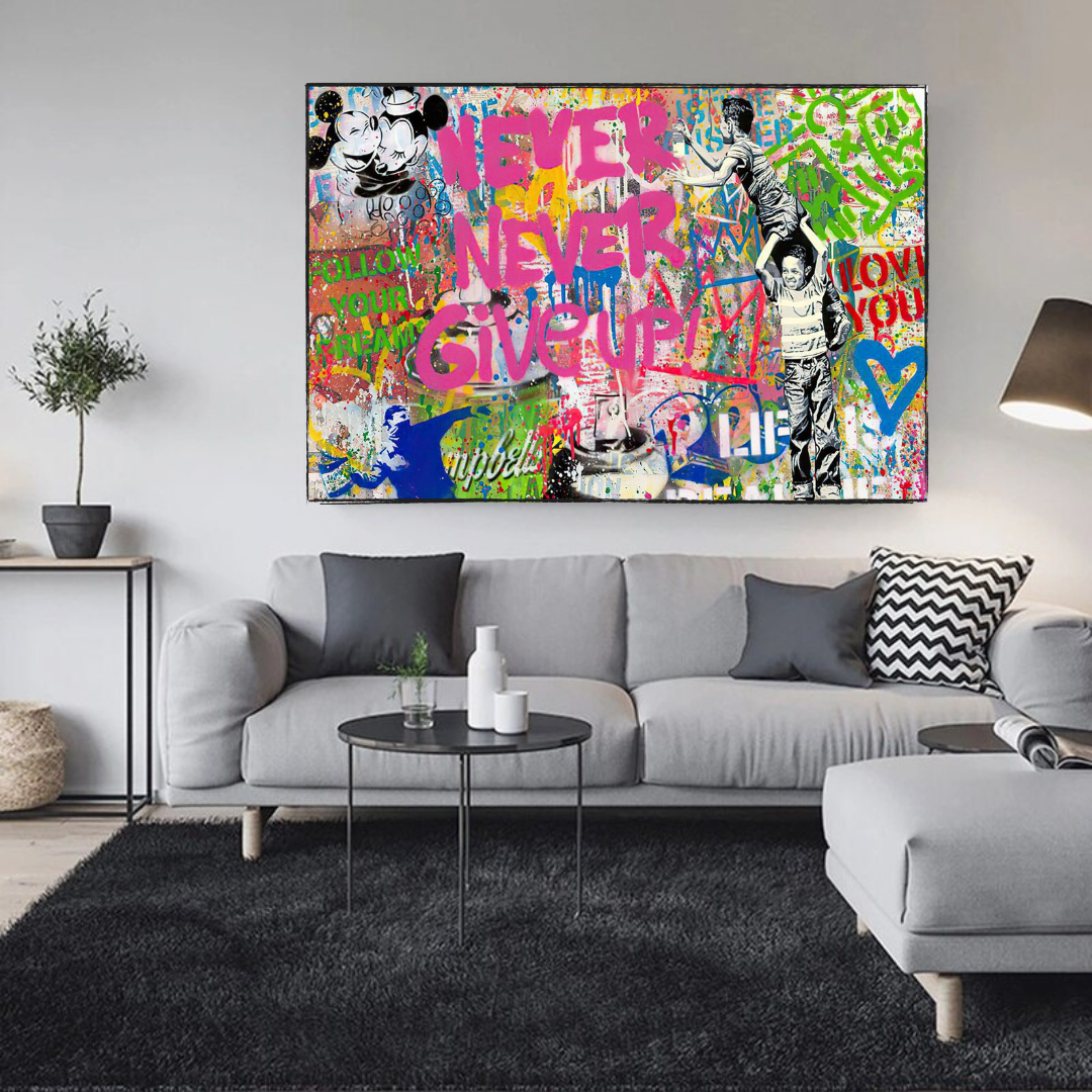 Banksy Never Give Up Canvas Wall Art Print - Inspirational Street Art Poster for Home, Office & Gift Decor