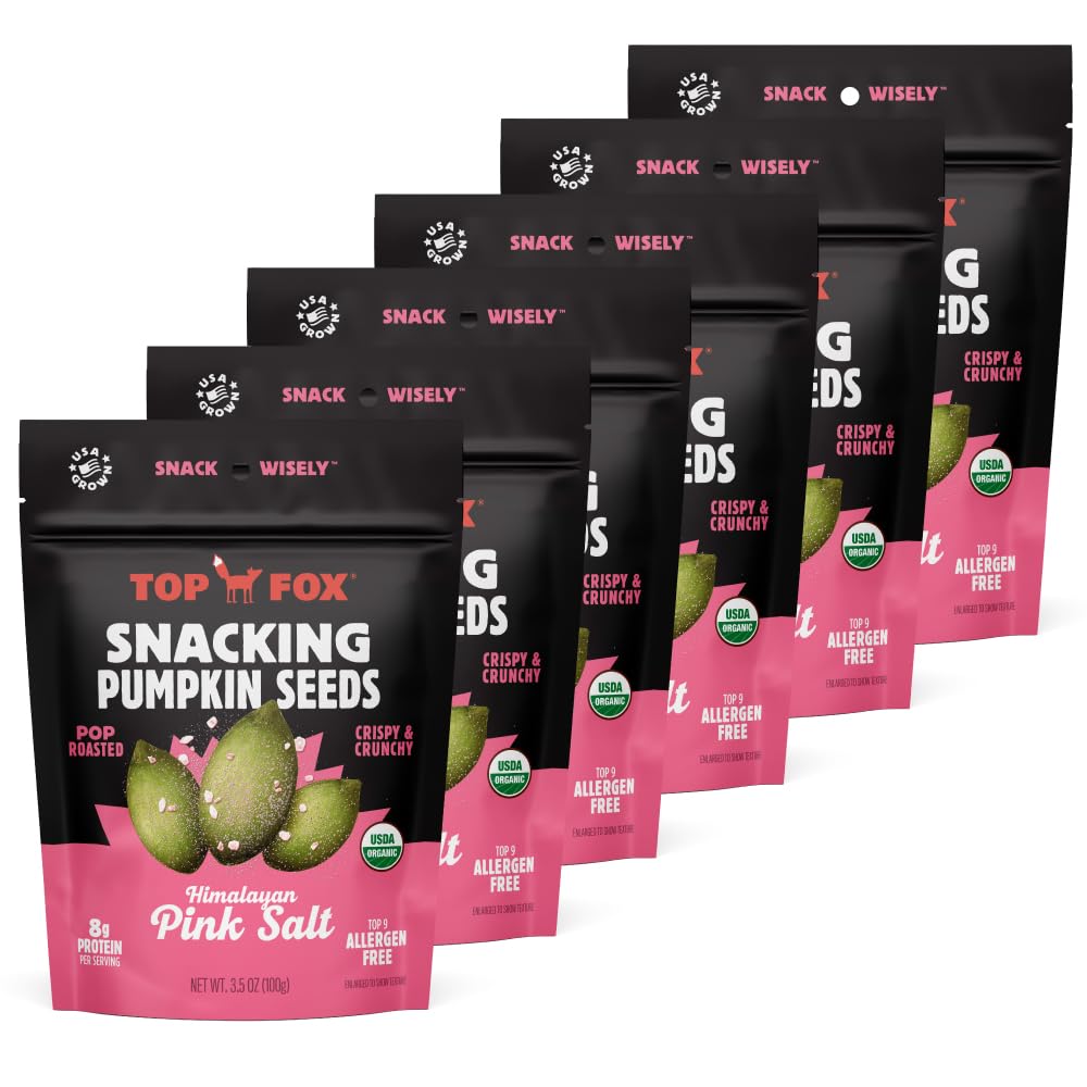 Organic Pop-Roasted Pumpkin Seeds by Top Fox Snacks | Healthy Protein Snacks, Gluten Free, Keto & Vegan Friendly with Himalayan Salt | 3.5oz (6 Pack) | Perfect for On-the-Go, Hiking & Office Snacking