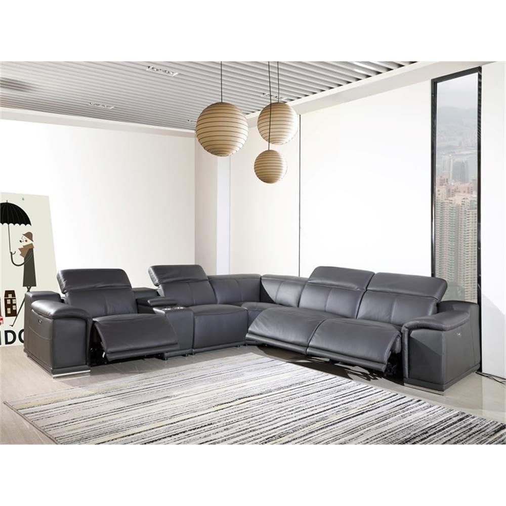 MAKLAINE Modern 6-Piece Italian Leather Power Reclining Sectional Sofa in Dark Gray - Luxury Living Room Furniture for Home Theater & Family Gatherings