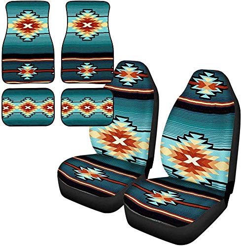 Southwest Indian Aztec Tribal Car Seat Covers 2-Piece Set with 4-Piece Car Mats - Universal Fit for Most Cars | Stylish Geometric Design for SUVs, Sedans & Trucks