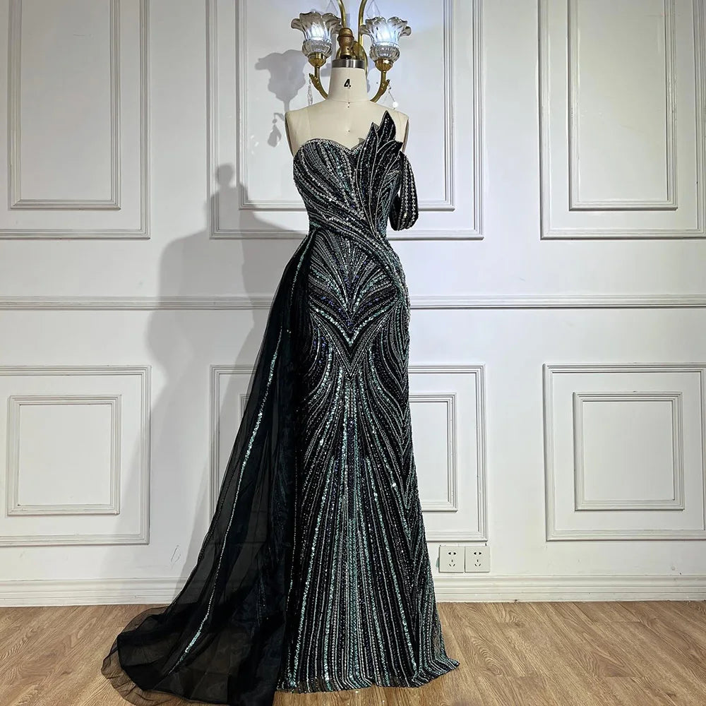 Elegant Arabic Blue One Shoulder Evening Gown with Beaded Side Overskirt - Luxury Dubai Style Women's Party Dress LA72662 for Prom, Gala & Special Occasions