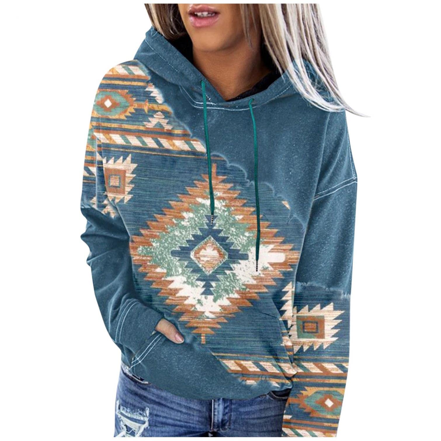 FABIURT Women's Western Ethnic Printed Hoodie - Long Sleeve Loose Pullover Sweatshirt, Oversized Winter Sweater for Casual Wear & Outdoor Activities