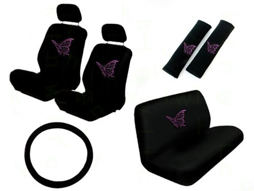 11-Piece Car Interior Accessory Set - 2 Seat Covers, Rear Bench Cover, Steering Wheel Cover & 2 Seat Belt Pads (Purple Butterfly Design) - Perfect for Car Detailing, Gifts & Customizing Your Vehicle Interior