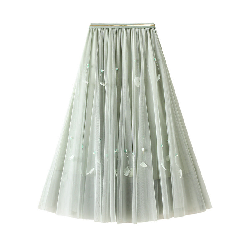 Elegant Fairy A-Line Skirt - Mid Length Swing Skirt with High Waist & Feather Tutu Design for Women - Perfect for Cosplay, Parties, and Special Occasions
