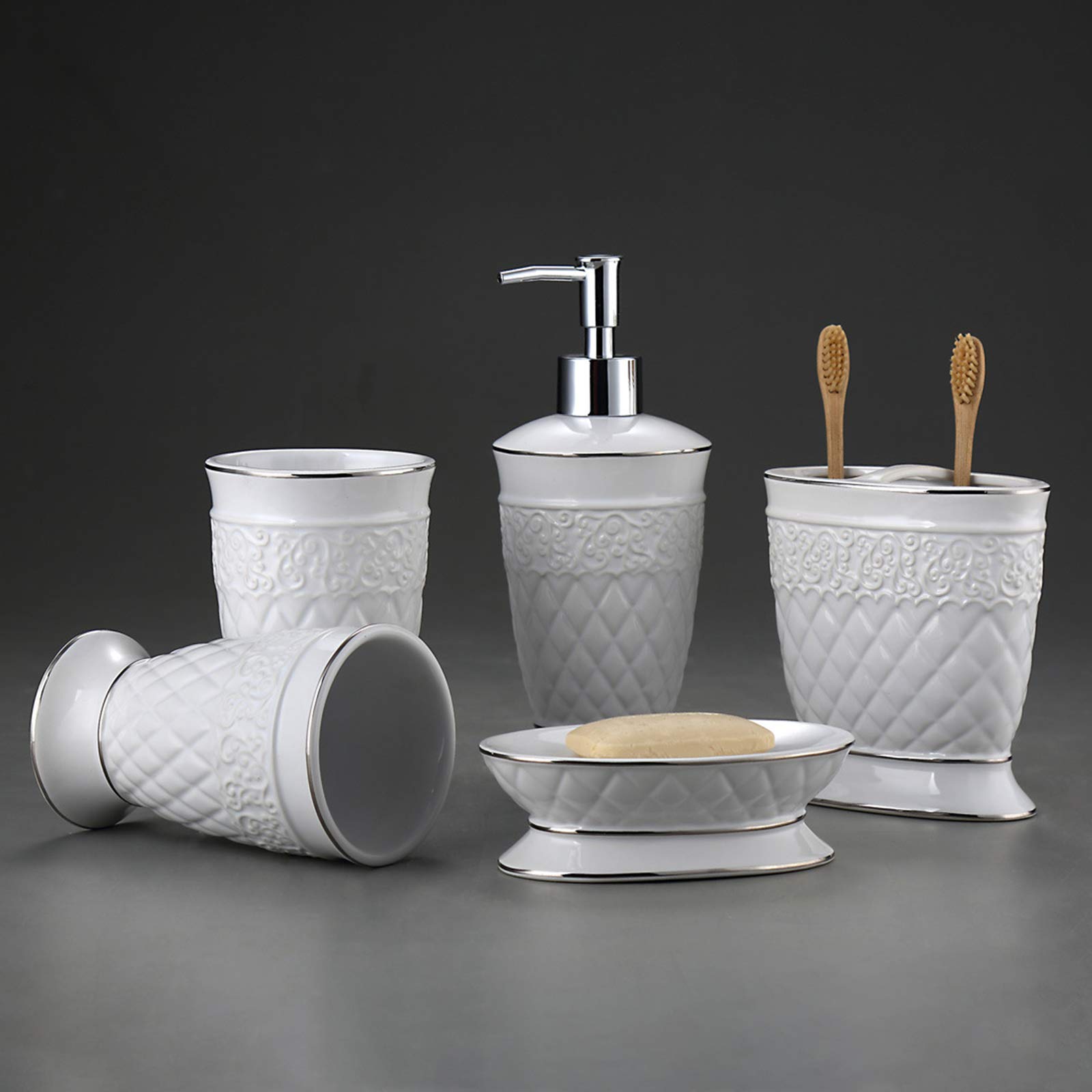 KKYY Retro 5-Piece Bathroom Set - Soap Dish, Dispenser, Toothbrush Holder & Tumbler Cup - Vintage European & Rhombus Design - Perfect for Bathroom Decor & Guest House Essentials