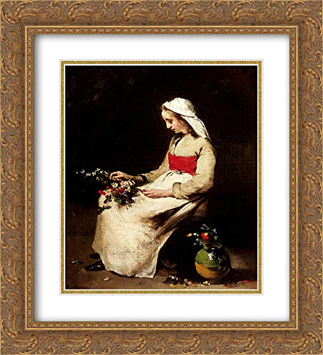 Theodule Ribot - A Girl Arranging A Vase Of Flowers 20x22 Inch Gold Ornate Framed Art Print with Double Matting | Vintage Home Decor, Living Room Wall Art, Office Decoration