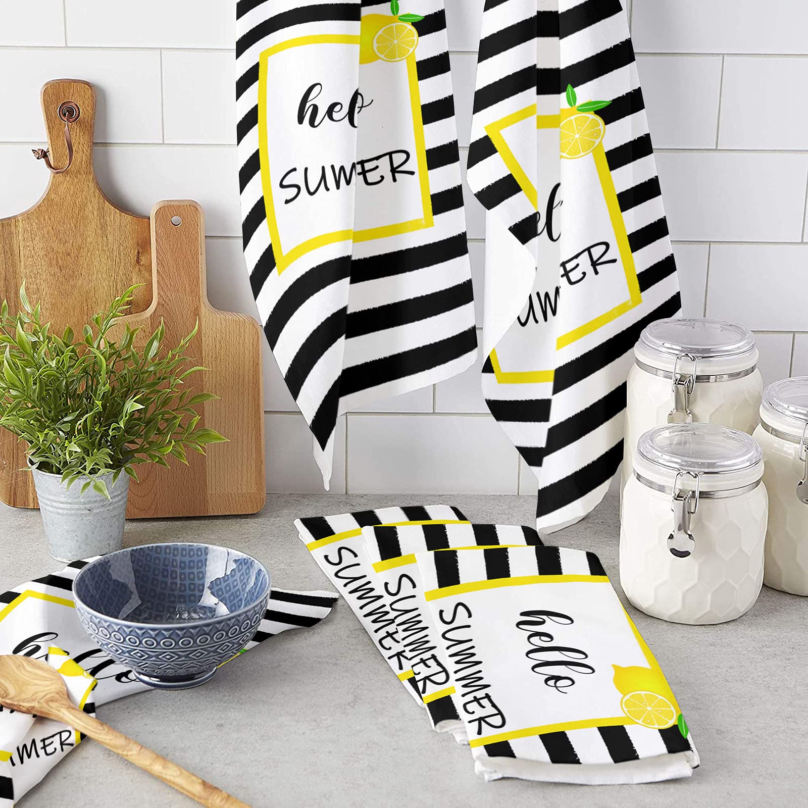 Premium Microfiber Kitchen Towels Set of 4 - Super Absorbent & Reusable Dish Towels (18x28 Inch) in Lemon Yellow & Black White Stripe - Ideal for Washing Dishes, Bar Cleaning & Tea Towel Use