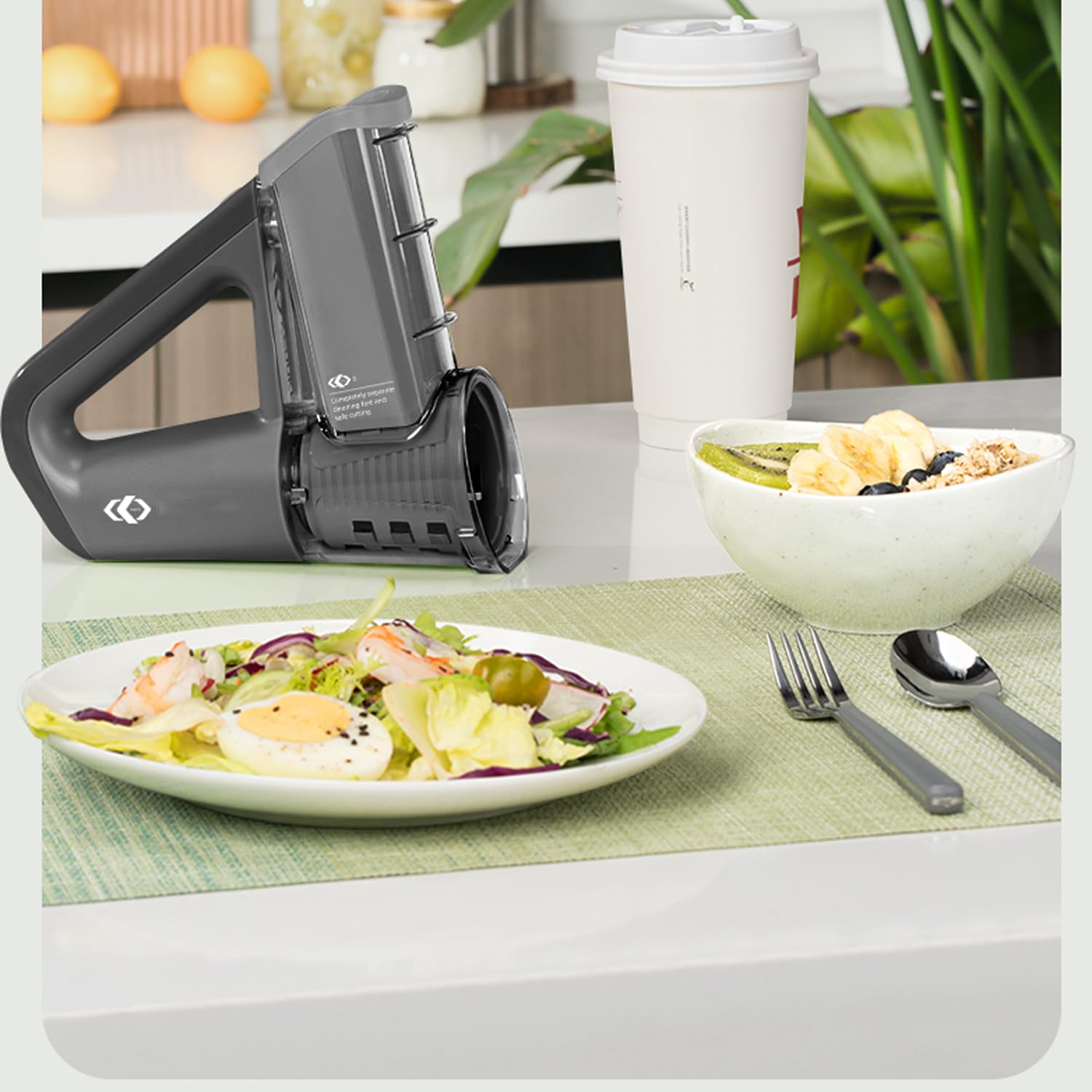 Electric Vegetable Slicer - Handheld Salad Maker & Food Processor with 4 Blades for Fruits, Vegetables, Ice Shaving - Compact Kitchen Gadget for Healthy Meal Prep & Quick Salad Making (Black)