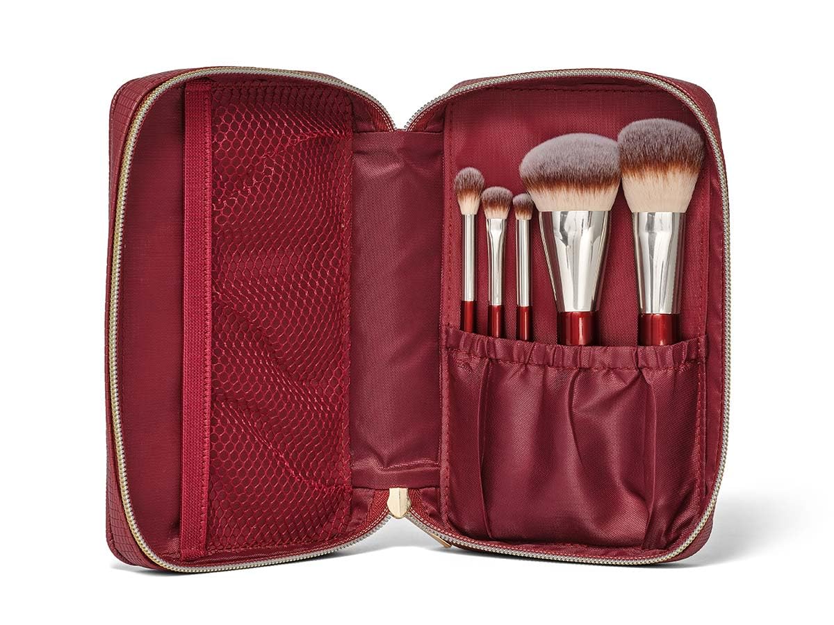 BK BEAUTY 5-Piece Vegan Travel Makeup Brush Set | Cruelty-Free Face & Eye Brushes with Vegan Leather Pouch | Lightweight, Durable Professional Cosmetic Brushes for On-The-Go Makeup Application