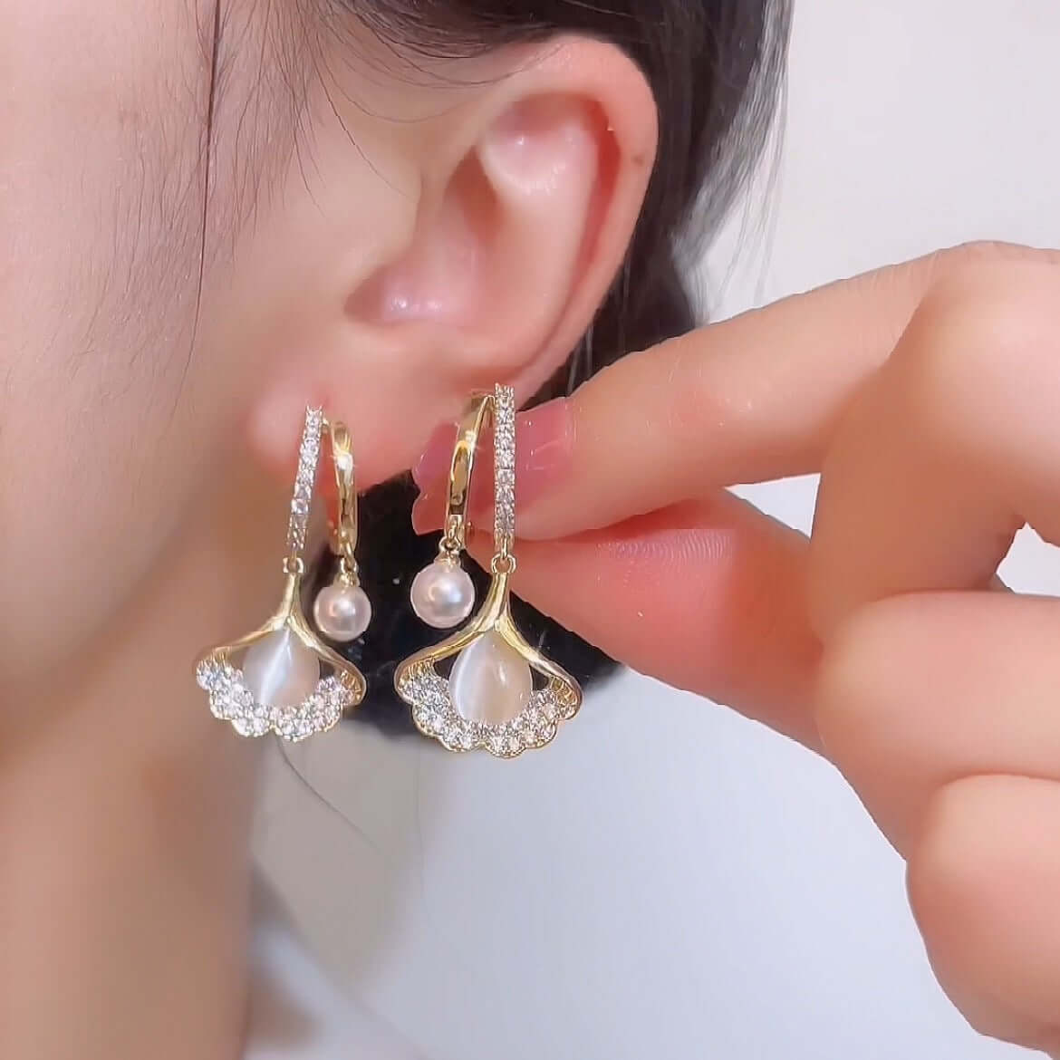 14K Gold Plated Ginkgo Leaf Huggie Earrings with Dangle Pearl Drop | Elegant Pearl Earrings for Women | Perfect for Weddings, Parties & Everyday Wear | A8078