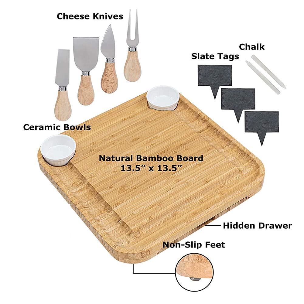 Premium Bamboo Cheese Board Set with Knives - Charcuterie Serving Tray, Wooden Cutting Board & Platter for Entertaining - Perfect for Wine Pairings, Charcuterie Nights & Dinner Parties