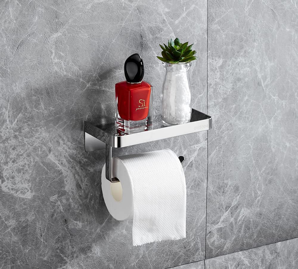 Stainless Steel Wall Mounted Toilet Paper Holder - No Drill Anti-Drop Bathroom Tissue Roll Holder for Home, RV & Office Use